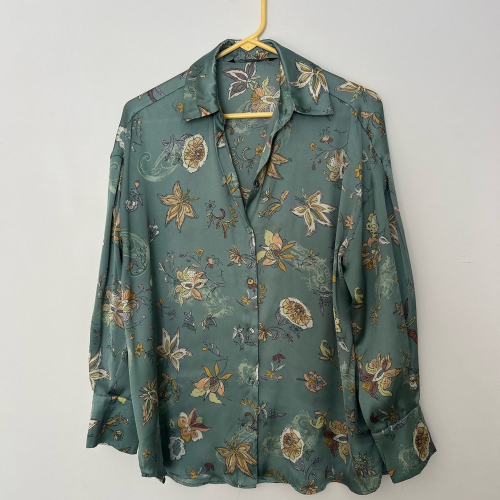 Zara Teal Floral Oversized Blouse